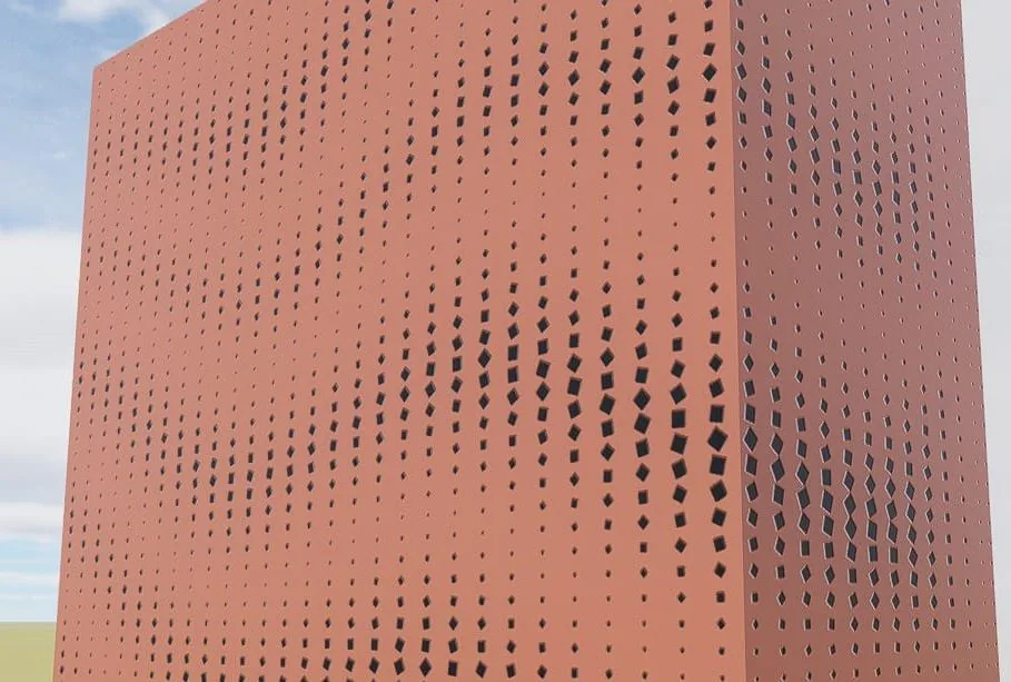 Concept render of a perforated metal facade with a graduated pattern of openings
